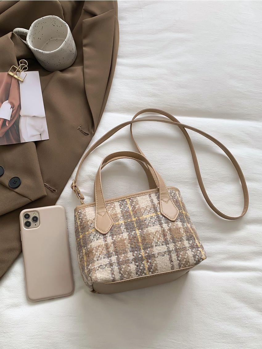 Plaid Pattern Tweed Bucket Bag