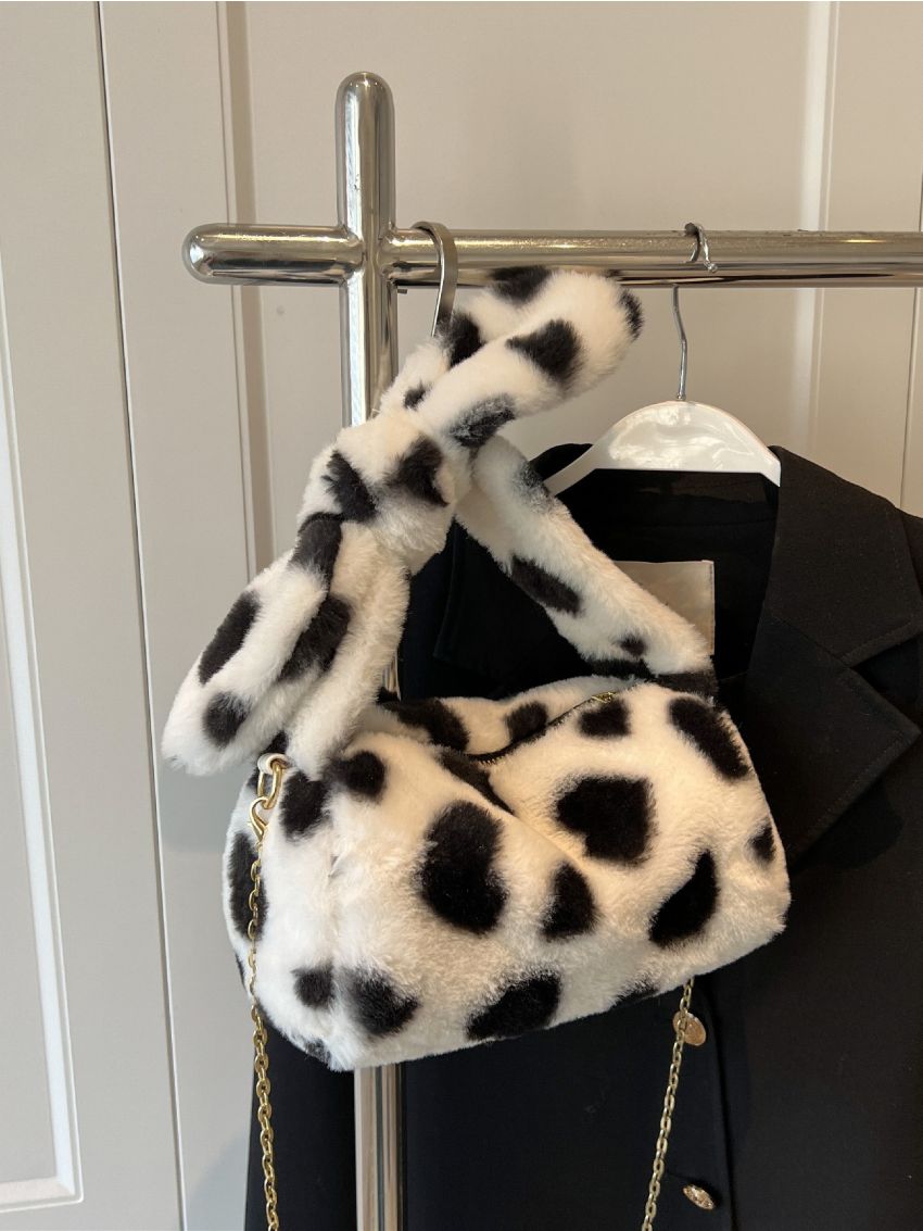 Cow Pattern Fluffy Chain Hobo Bag