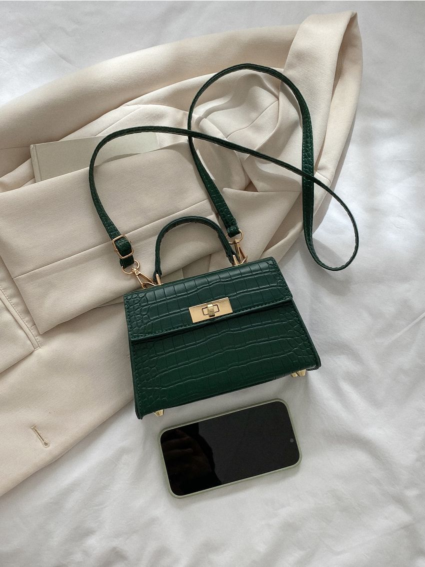 Mini Crocodile Embossed Twist Lock Flap Square Bag