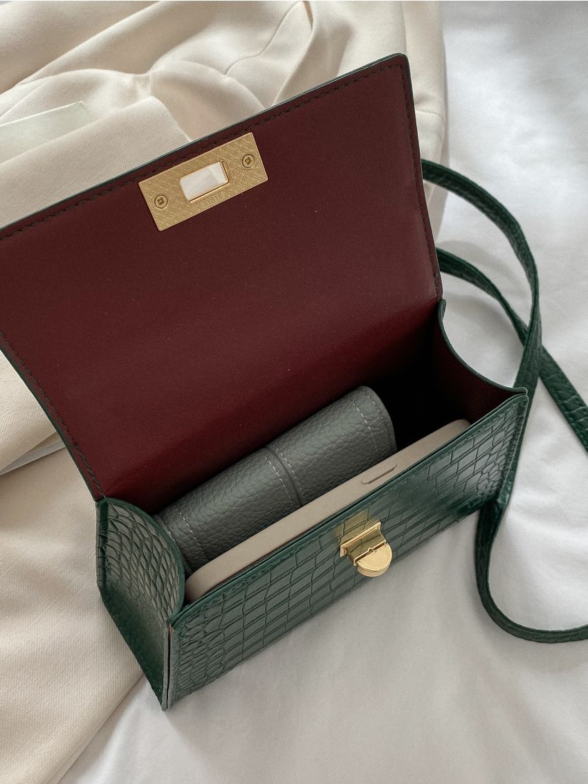 Mini Crocodile Embossed Twist Lock Flap Square Bag