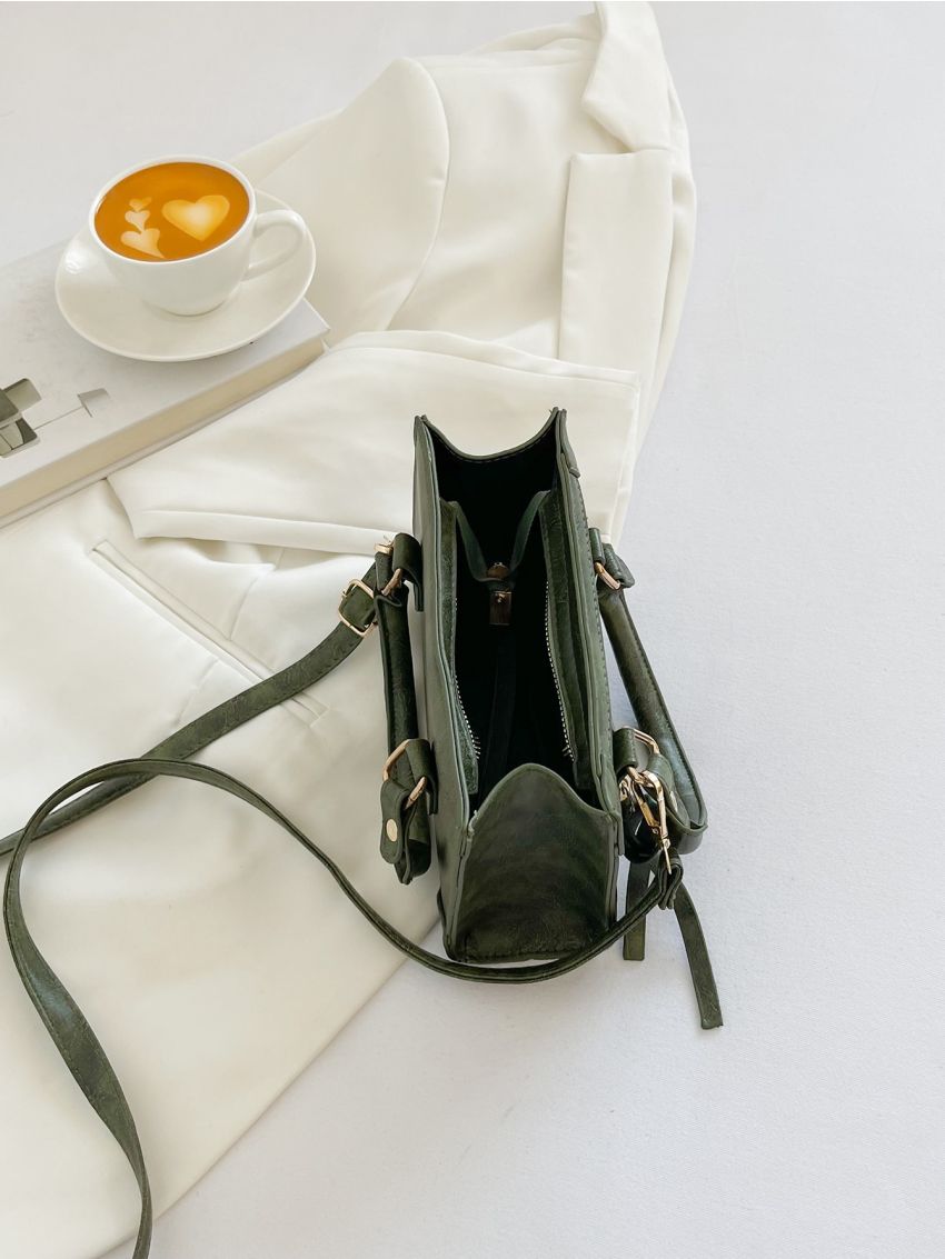 Mini Zipper Decor Double Handle Square Bag