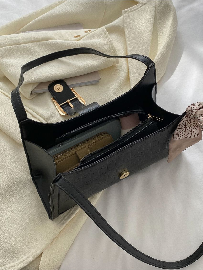 Random Crocodile Embossed Buckle & Twilly Scarf Decor Baguette Bag, Mothers Day Gift For Mom