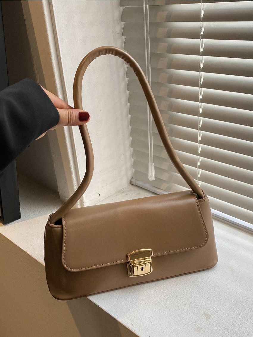 Metal Lock Flap Baguette Bag