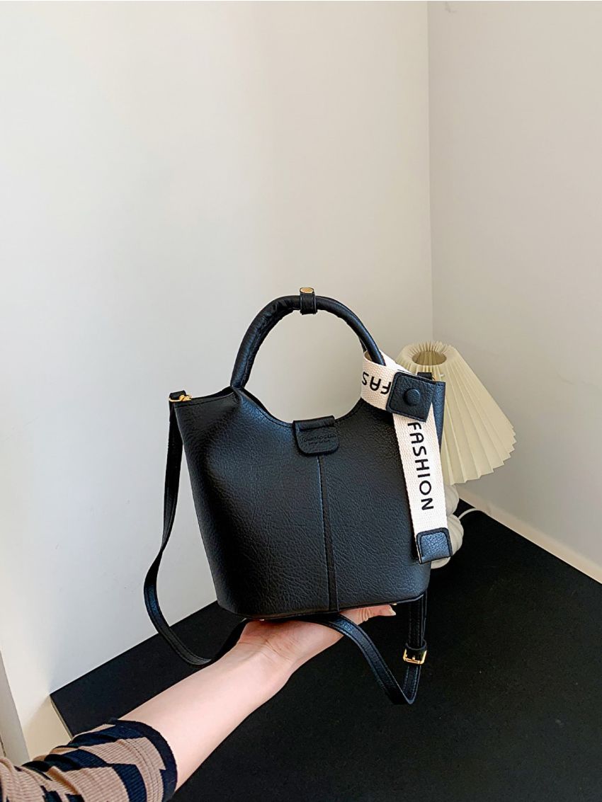 Litchi Embossed Twilly Scarf Decor Bucket Bag With Inner Pouch