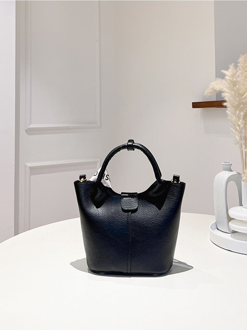 Litchi Embossed Twilly Scarf Decor Bucket Bag With Inner Pouch