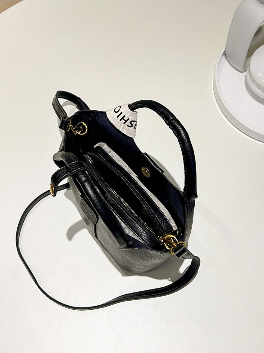 Litchi Embossed Twilly Scarf Decor Bucket Bag With Inner Pouch