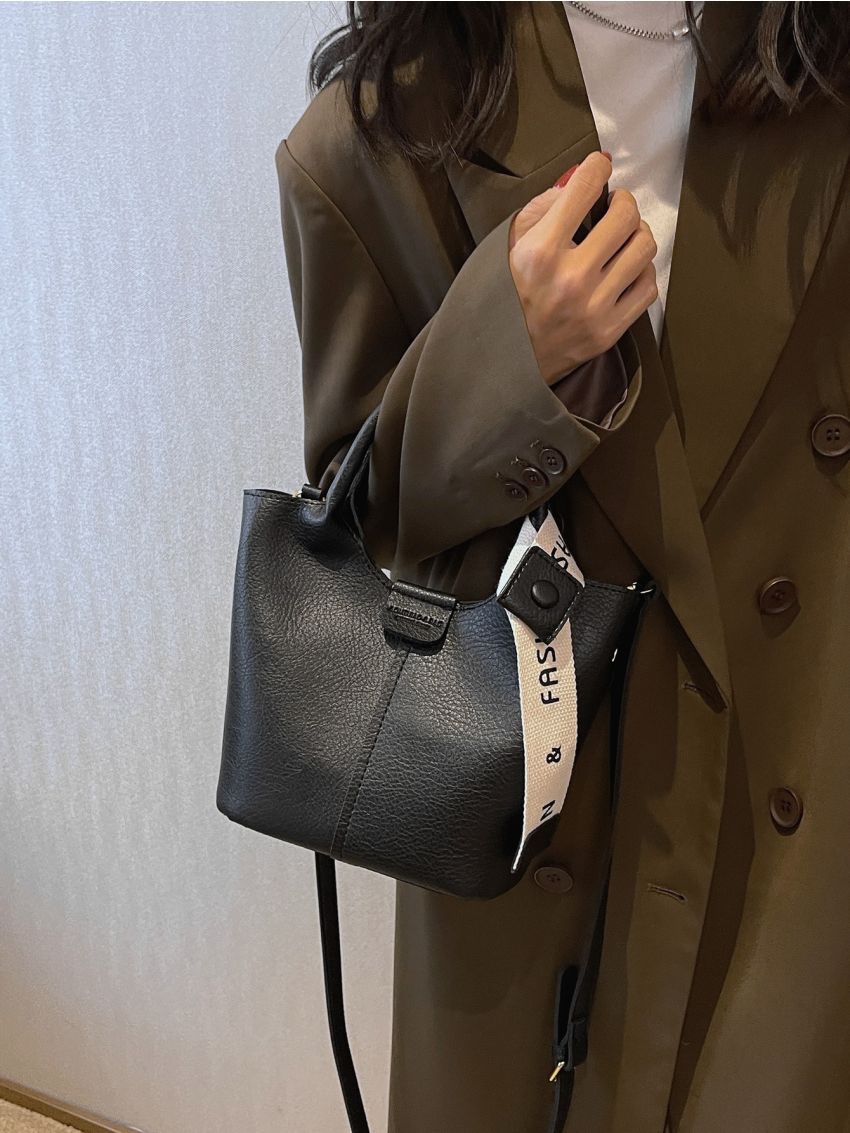 Litchi Embossed Twilly Scarf Decor Bucket Bag With Inner Pouch