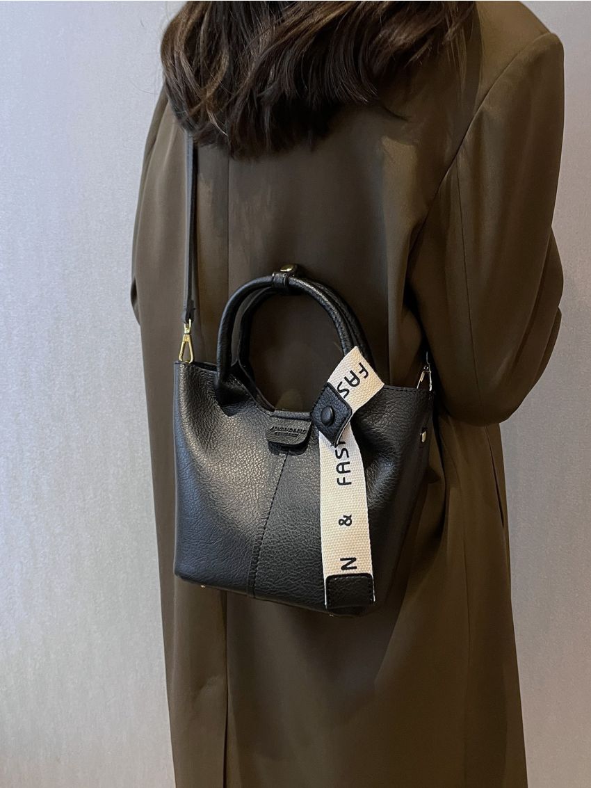 Litchi Embossed Twilly Scarf Decor Bucket Bag With Inner Pouch