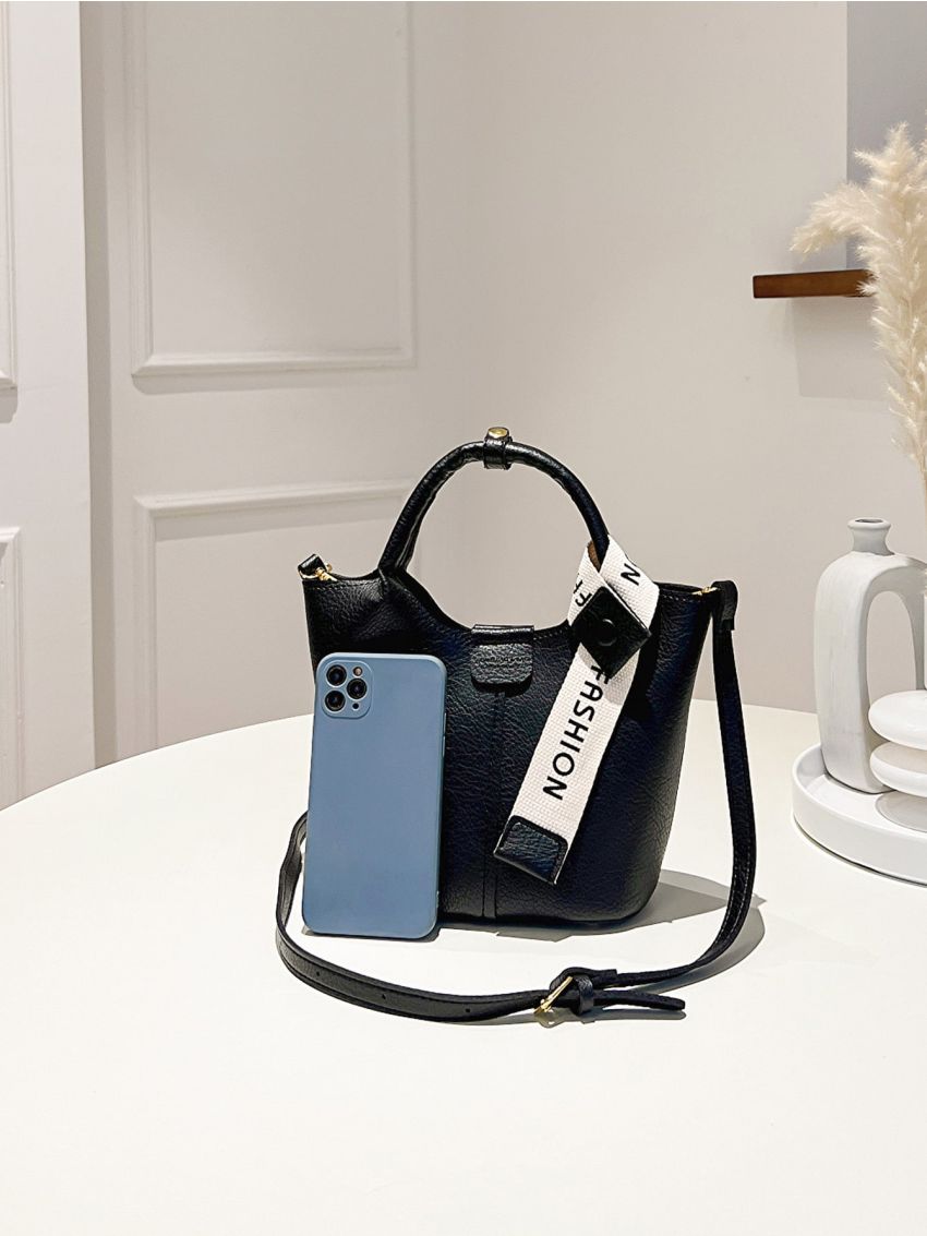 Litchi Embossed Twilly Scarf Decor Bucket Bag With Inner Pouch