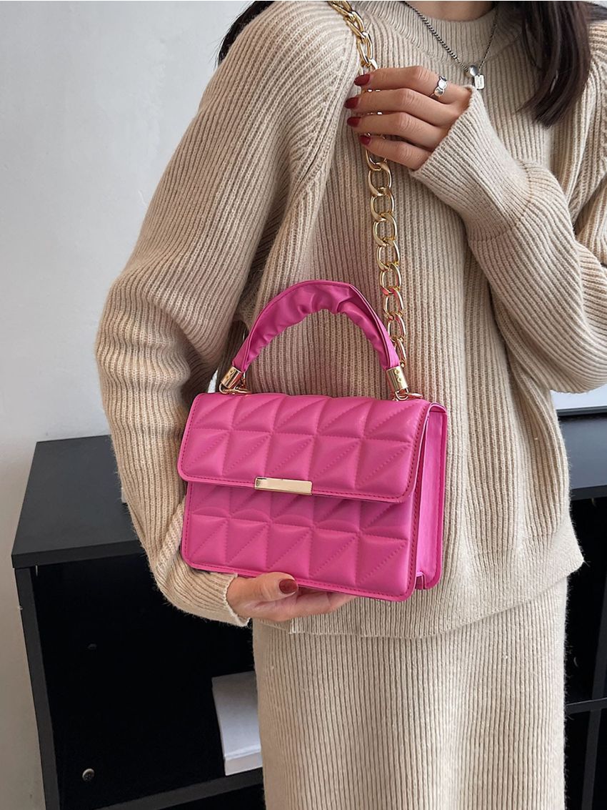 Neon Pink Geometric Quilted Chain Flap Square Bag