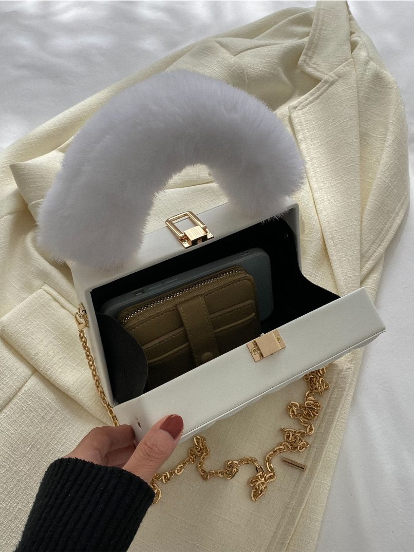 Mini Geometric Embossed Fuzzy Chain Box Bag