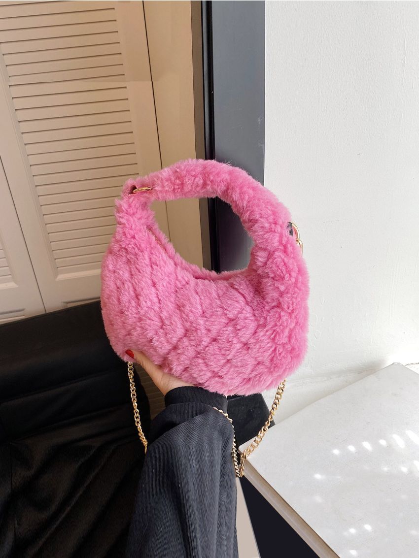 Quilted Detail Chain Flannelette Hobo Bag