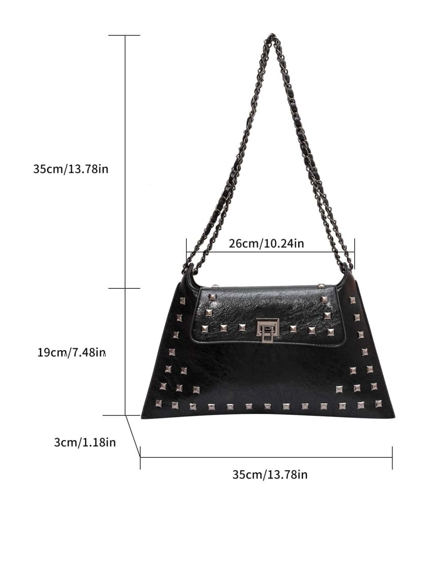 Studded Decor Metal Lock Flap Chain Square Bag