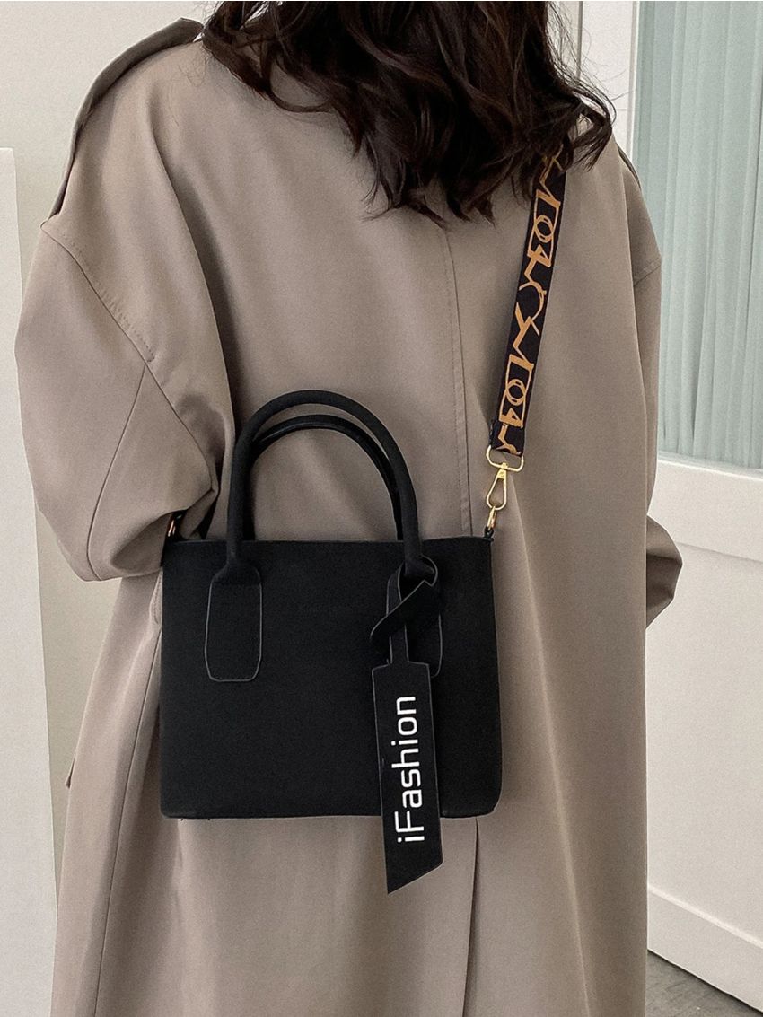 Letter Graphic Double Handle Square Bag With Bag Charm