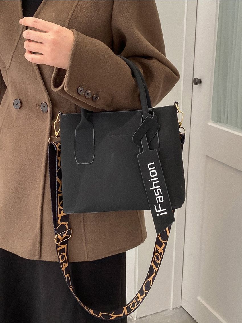 Letter Graphic Double Handle Square Bag With Bag Charm