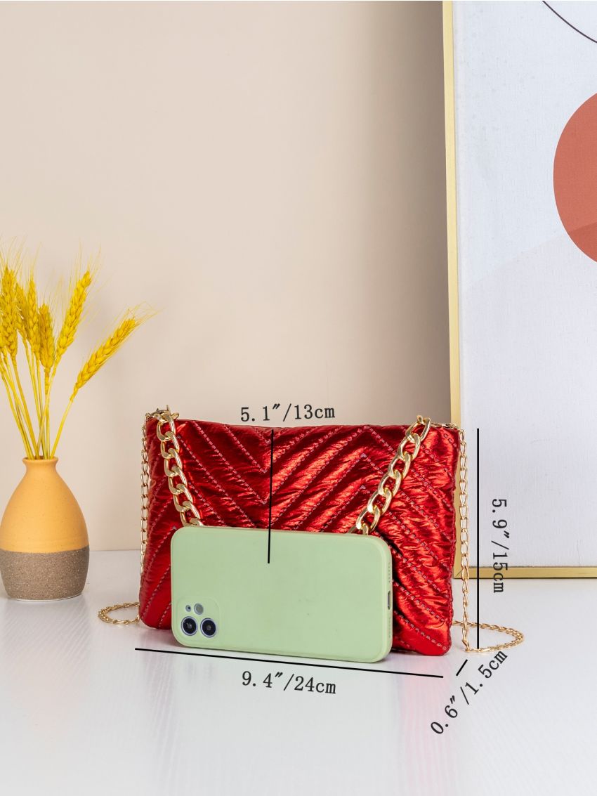 Neon Red Quilted Pattern Chain Square Bag