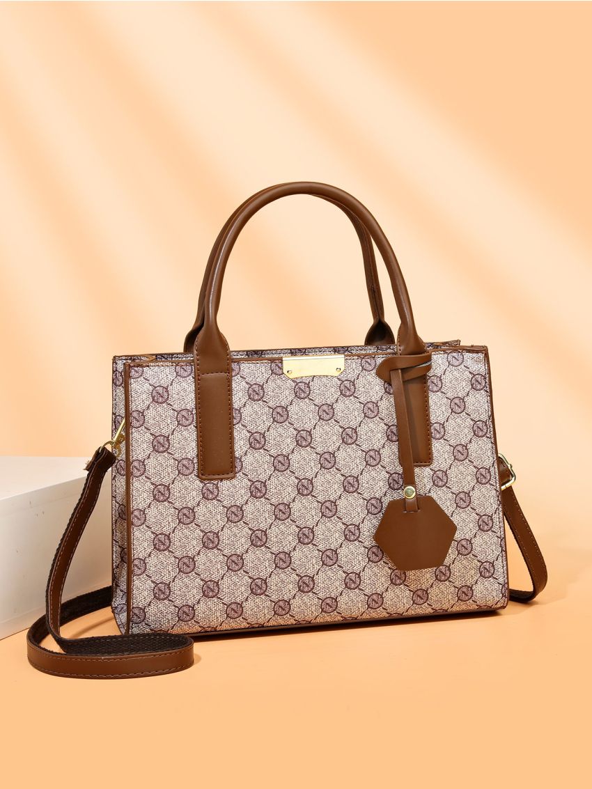 Geometric & Letter Graphic Square Bag With Geometric Charm