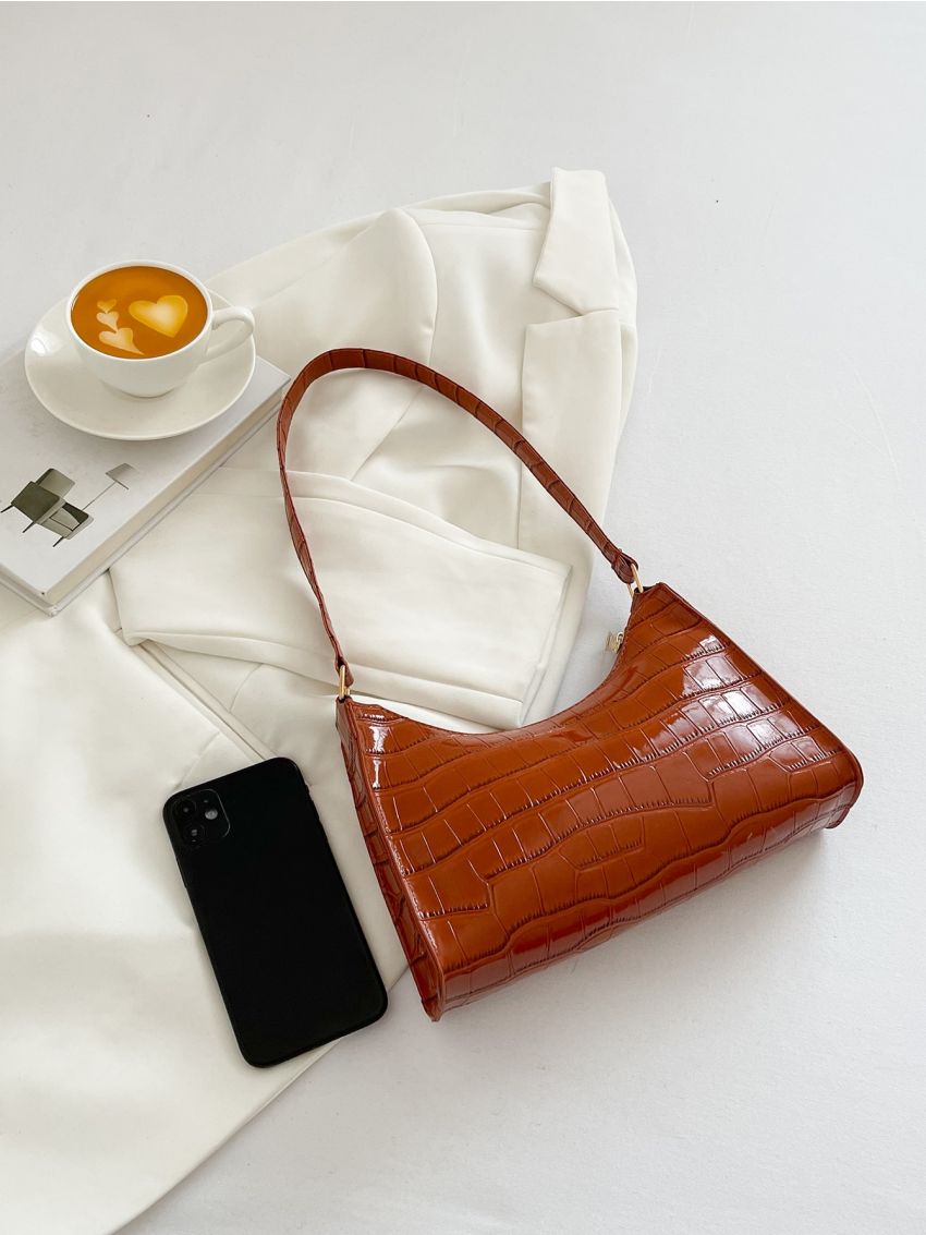 Crocodile Embossed Baguette Bag