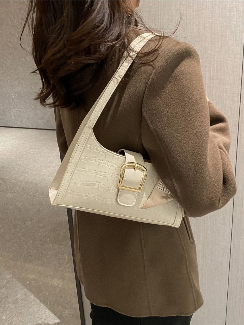 Crocodile Embossed Random Pattern Twilly Scarf Decor Baguette Bag