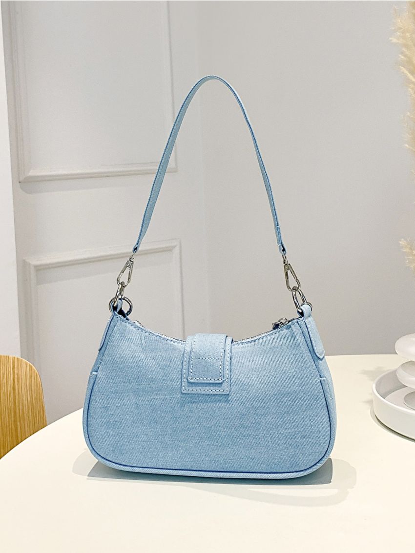 Chain Decor Denim Baguette Bag