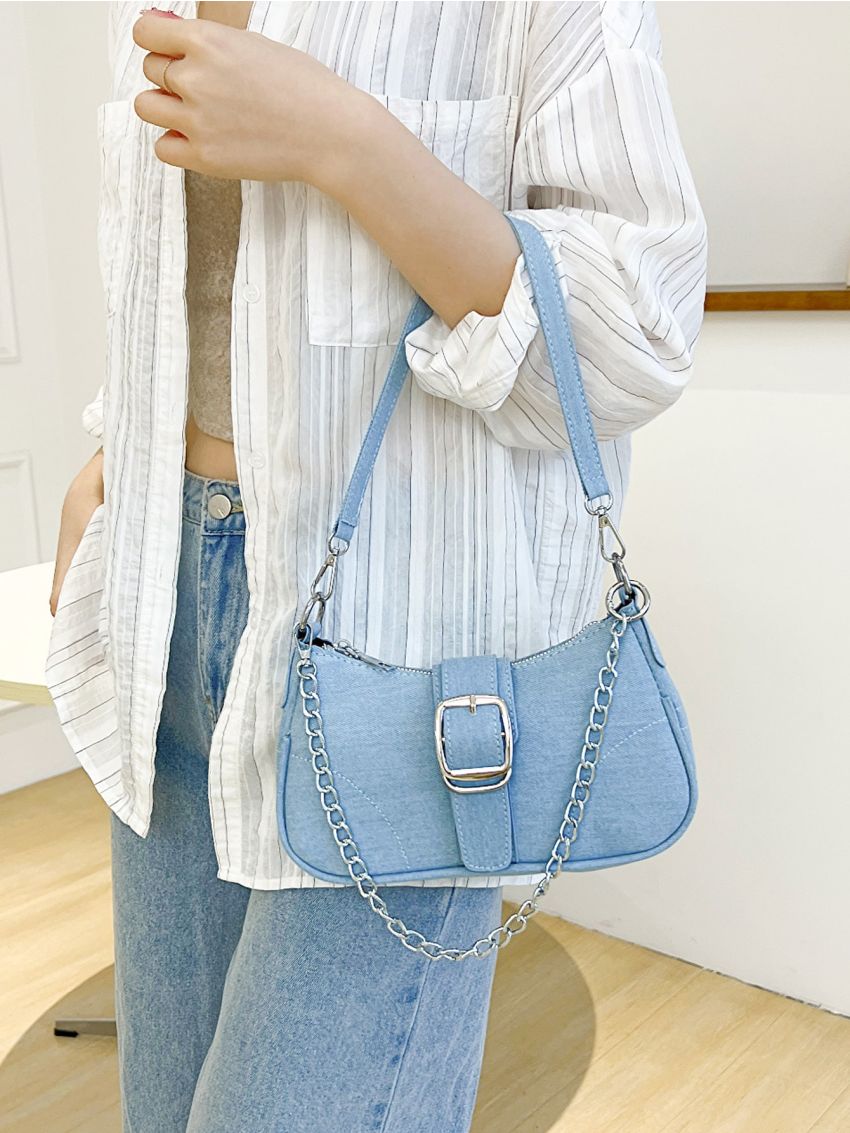 Chain Decor Denim Baguette Bag