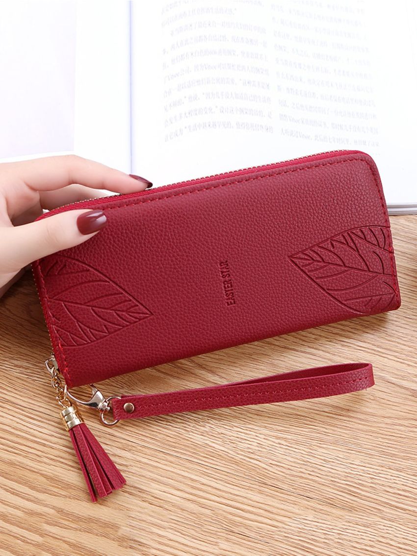 Leaf & Letter Embossed Tassel Decor Long Wallet