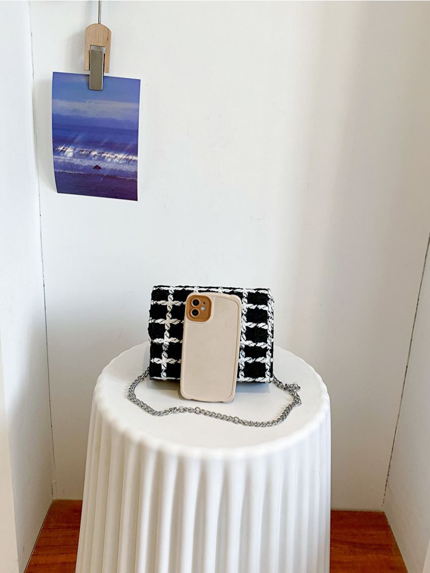 Mini Plaid Pattern Heart Decor Flap Chain Square Bag