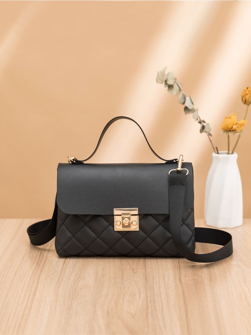 Twist Lock Argyle Quilted Flap Square Bag