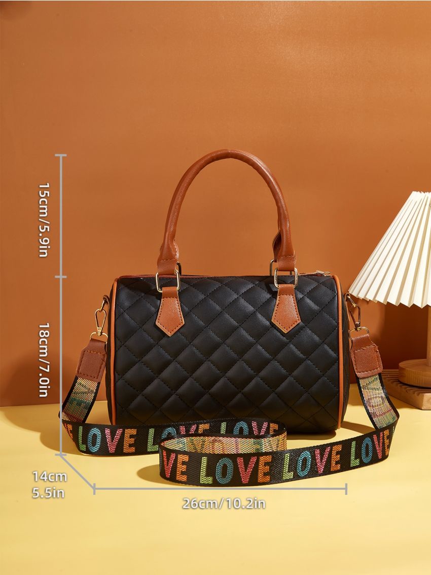 Letter Graphic Quilted Handbag, Casual Wide Strap Crossbody Bag, Women's Artificial Leather Boston Bag