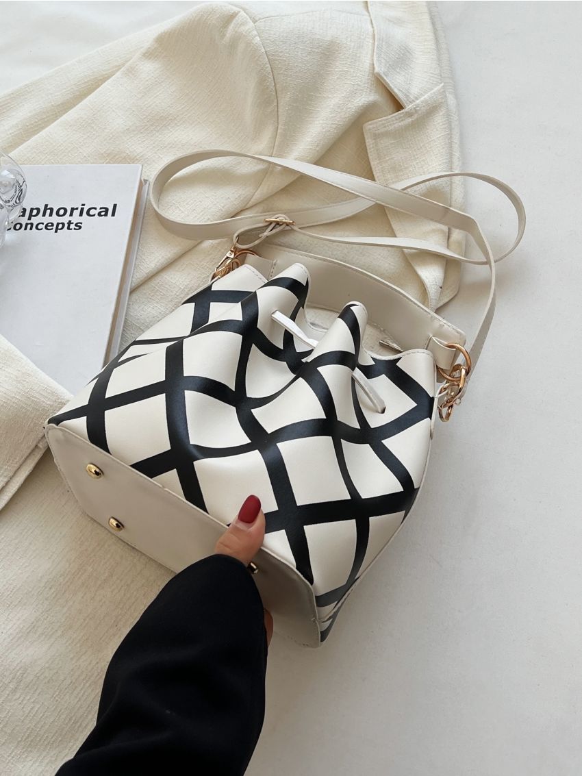 Plaid Pattern Drawstring Detail Bucket Bag