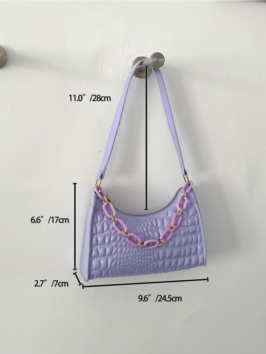 Crocodile Embossed Chain Decor Baguette Bag