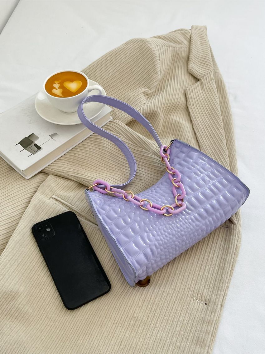 Crocodile Embossed Chain Decor Baguette Bag
