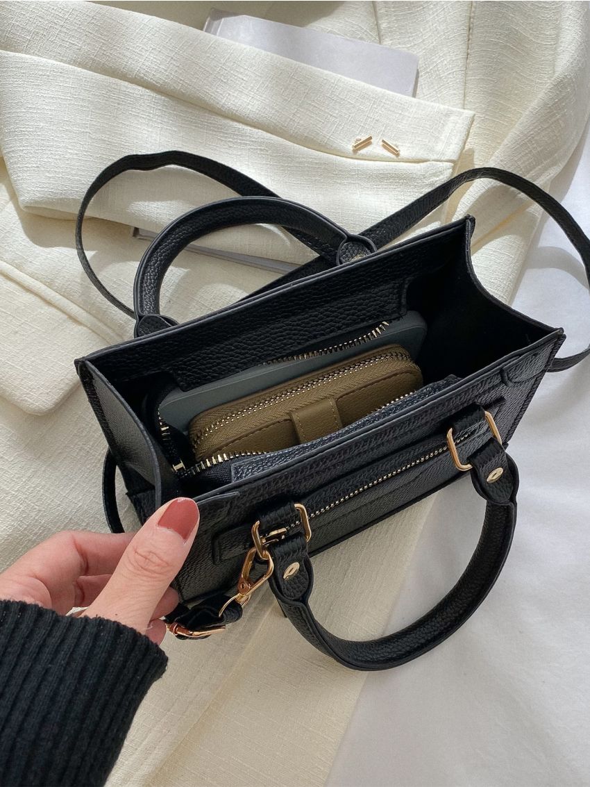 Mini Litchi Embossed Double Handle Square Bag