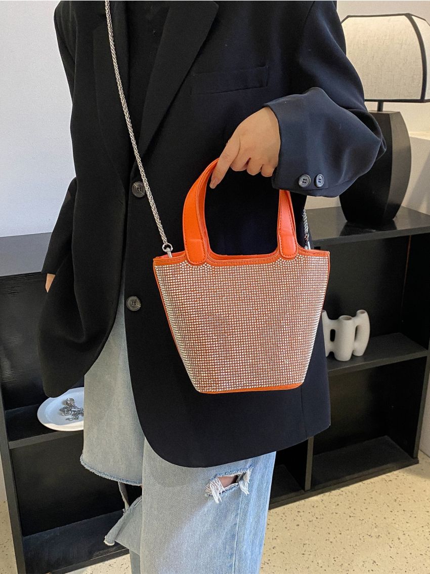 Mini Rhinestone Decor Chain Bucket Bag