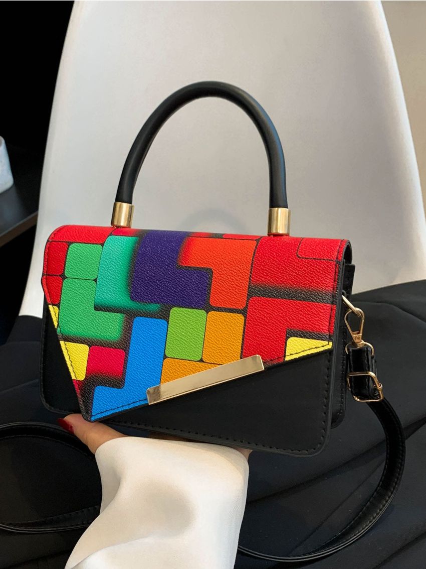 Color Block Flap Square Bag