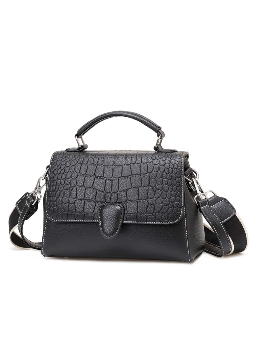 Croc Embossed Flap Satchel Bag