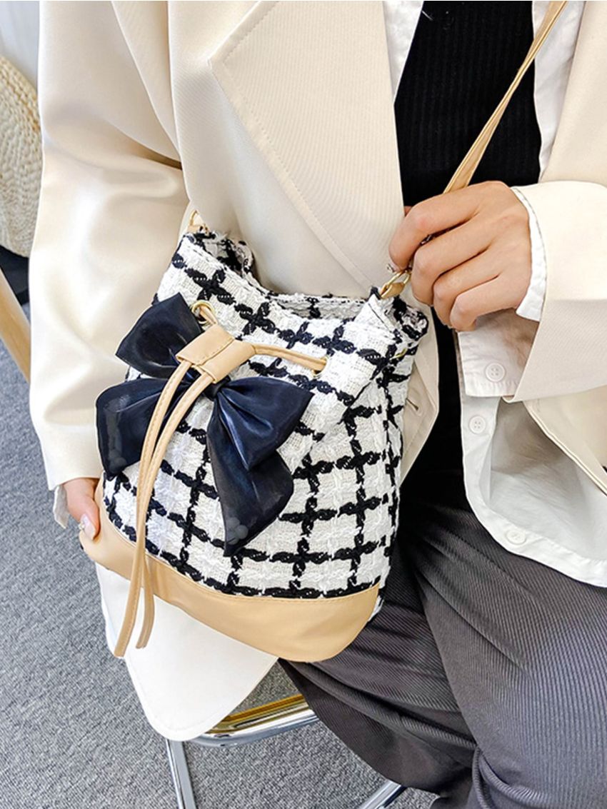 Plaid Pattern Bow Decor Drawstring Bucket Bag