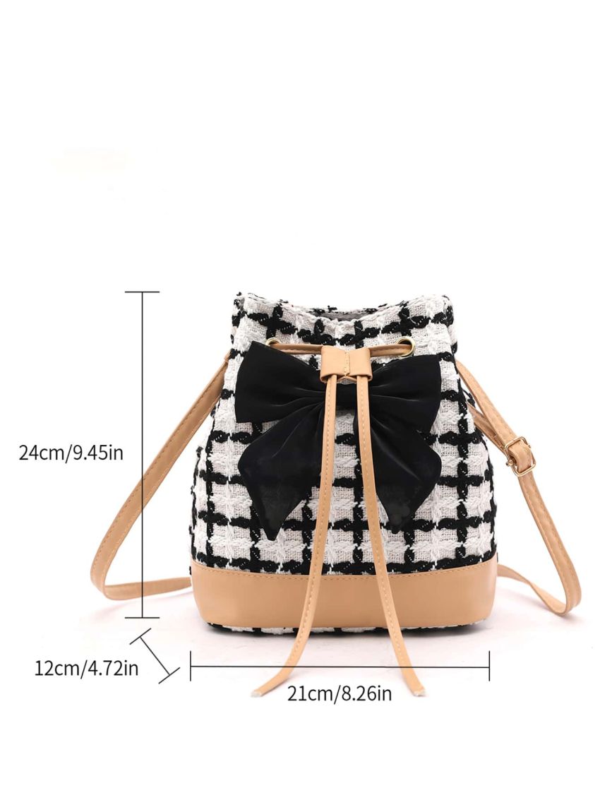 Plaid Pattern Bow Decor Drawstring Bucket Bag