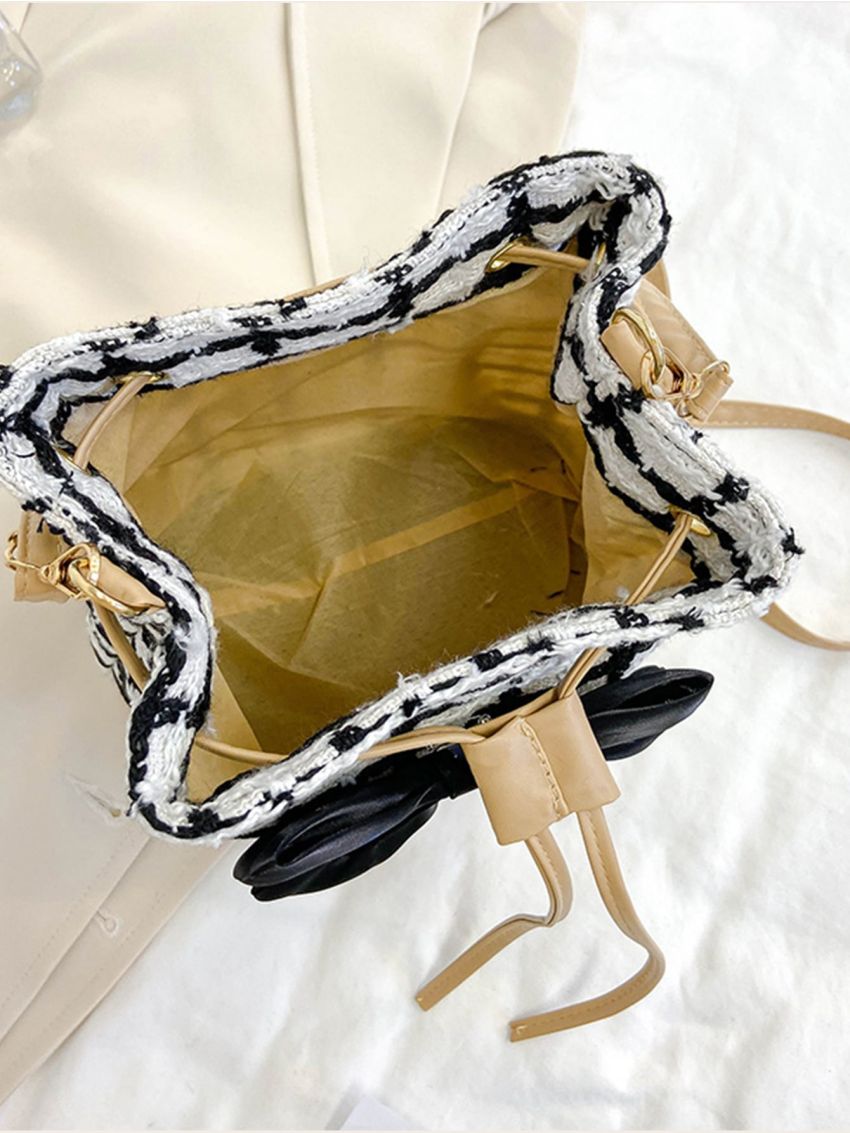 Plaid Pattern Bow Decor Drawstring Bucket Bag