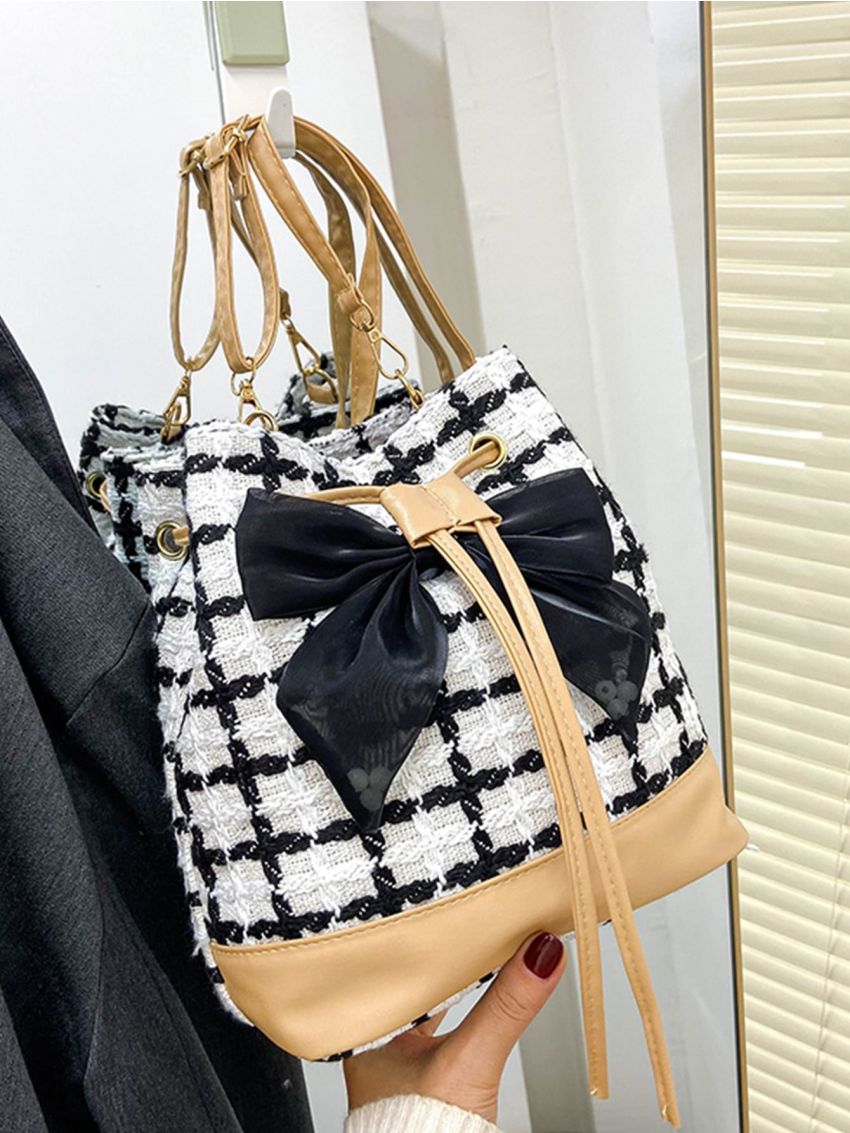Plaid Pattern Bow Decor Drawstring Bucket Bag