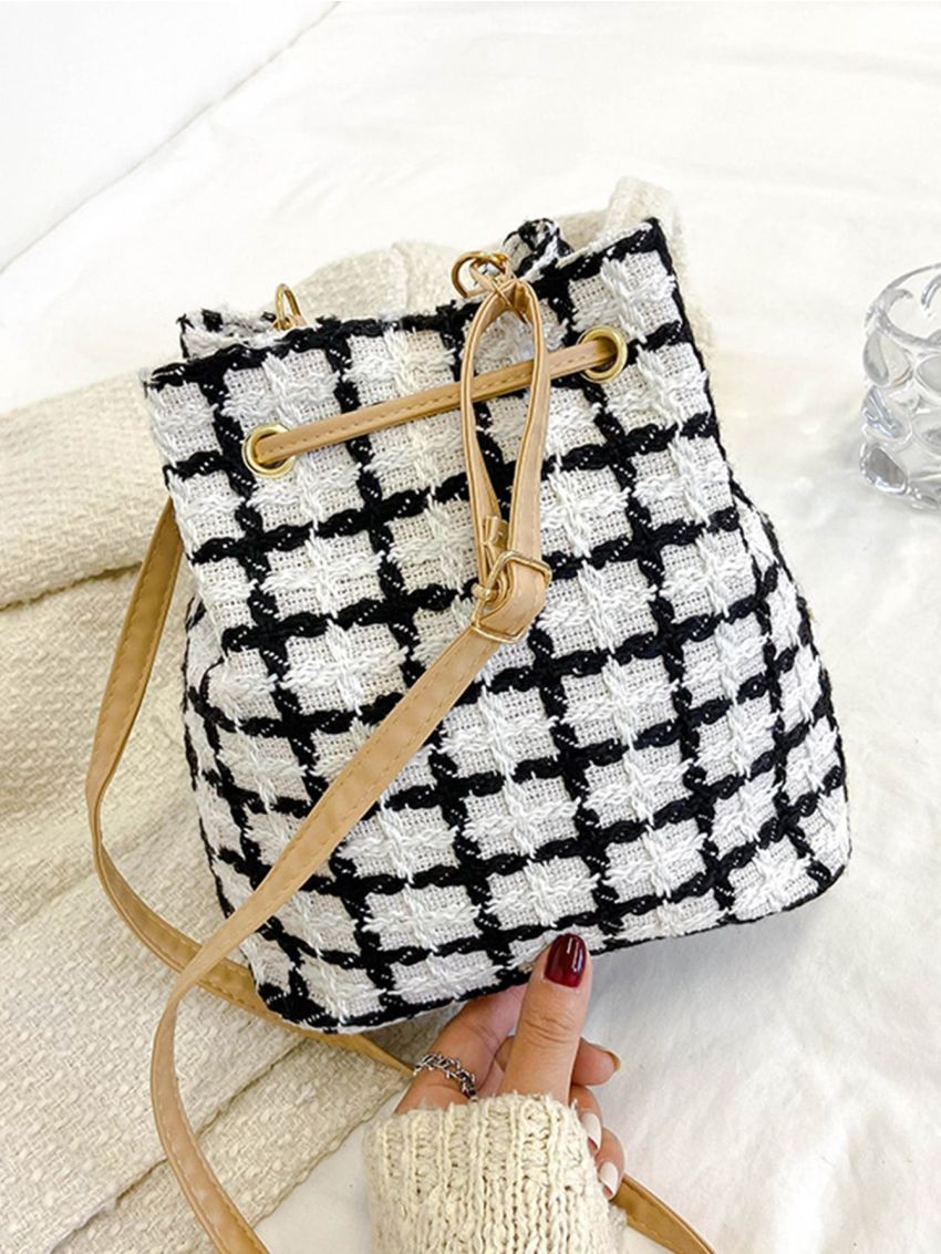 Plaid Pattern Bow Decor Drawstring Bucket Bag