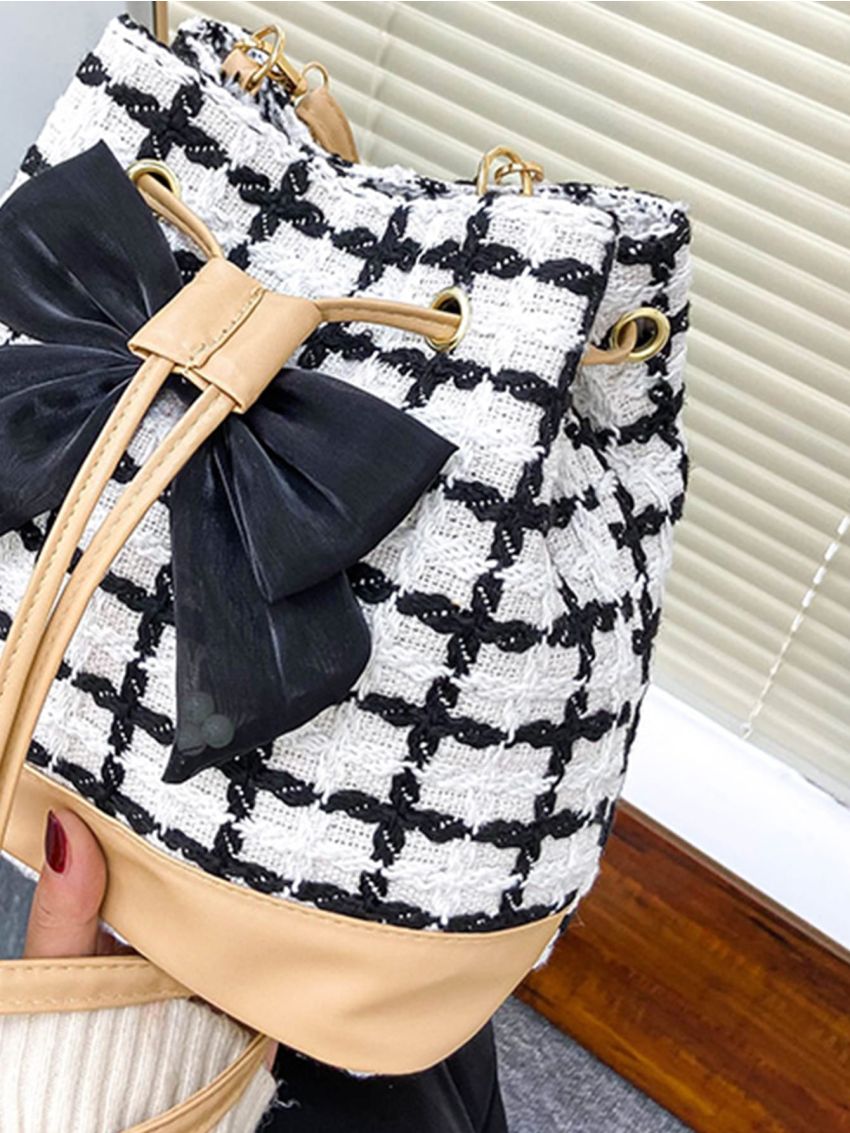 Plaid Pattern Bow Decor Drawstring Bucket Bag