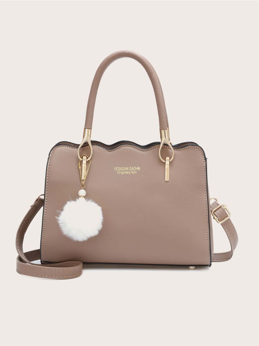 Pom-pom Decor Scallop Trim Satchel Bag, Mothers Day Gift For Mom