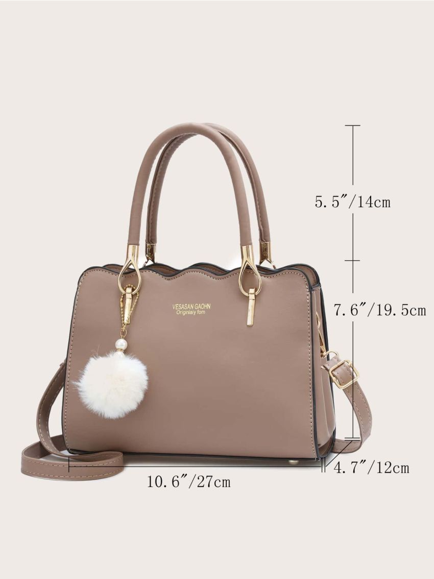 Pom-pom Decor Scallop Trim Satchel Bag, Mothers Day Gift For Mom