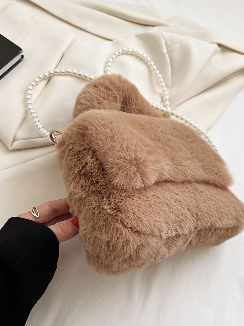 Faux Pearl Beaded Flap Fuzzy Square Bag