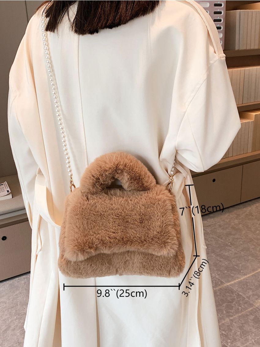 Faux Pearl Beaded Flap Fuzzy Square Bag