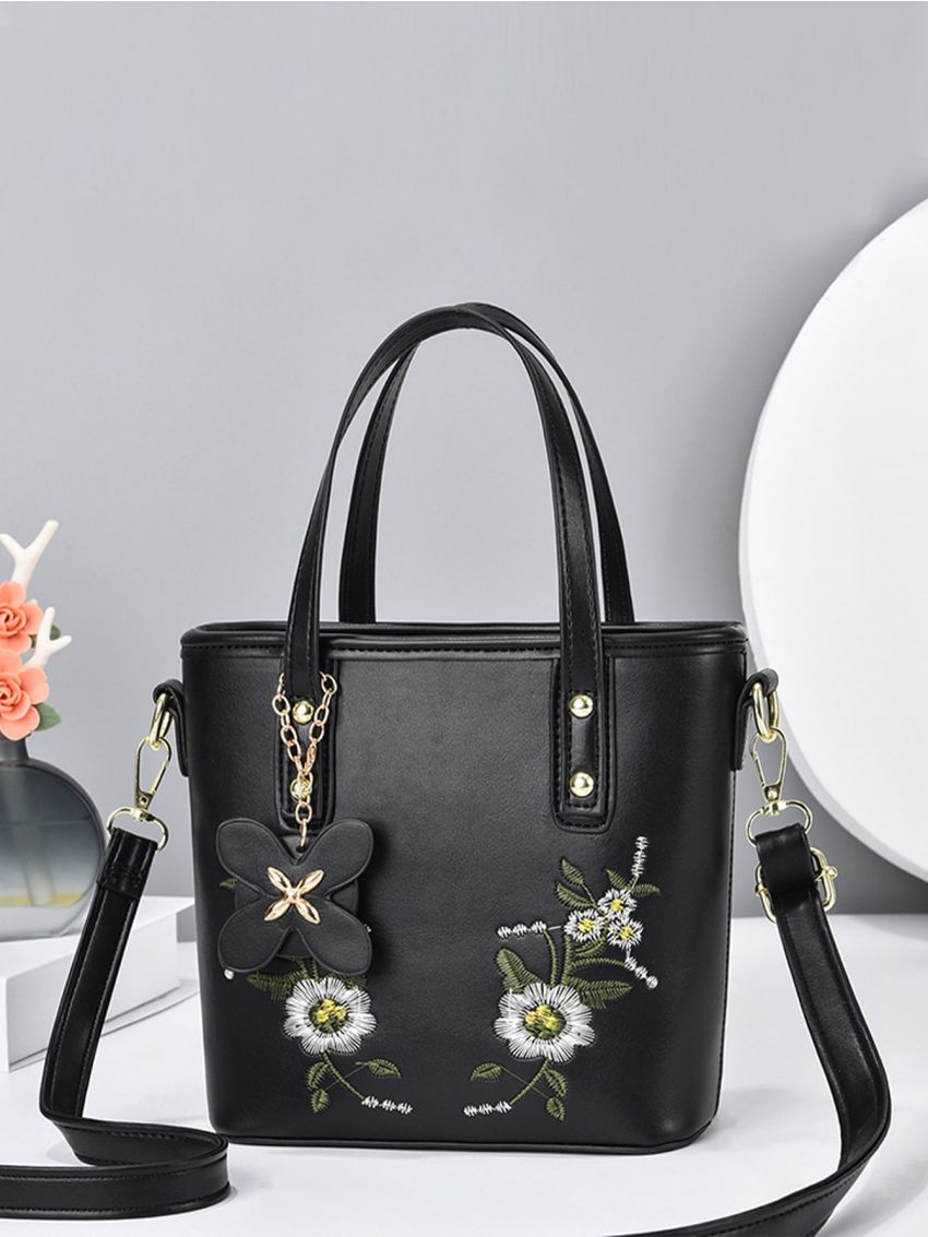Mini Floral Embroidery Square Bag, Elegant For Office & Work