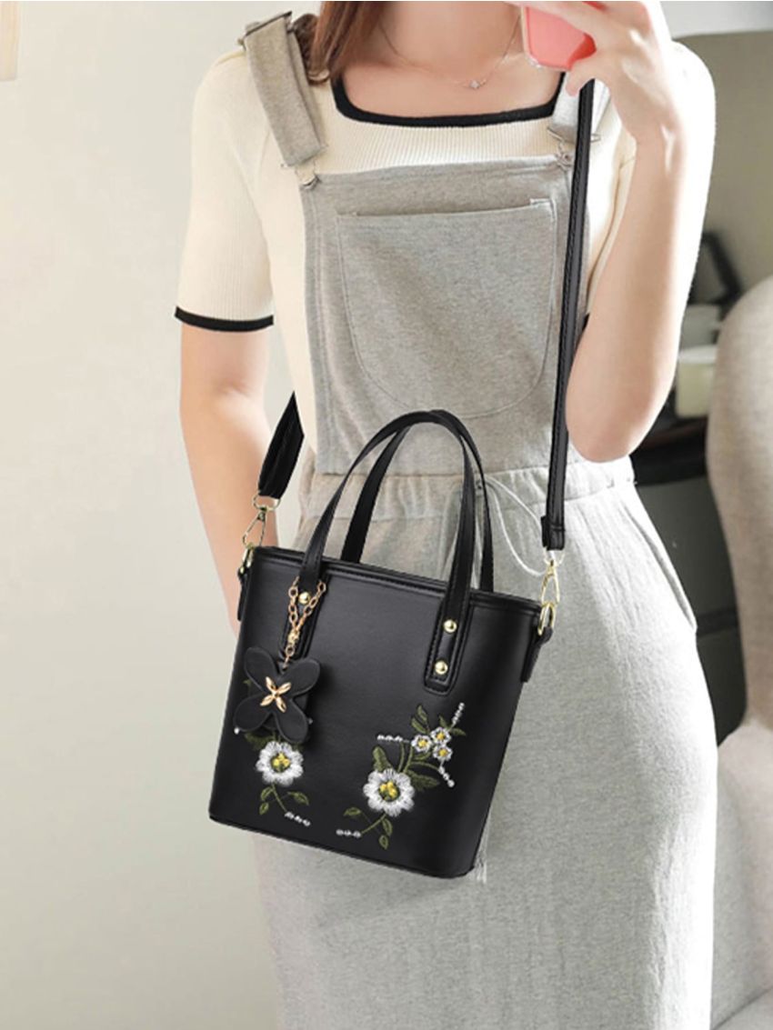 Mini Floral Embroidery Square Bag, Elegant For Office & Work