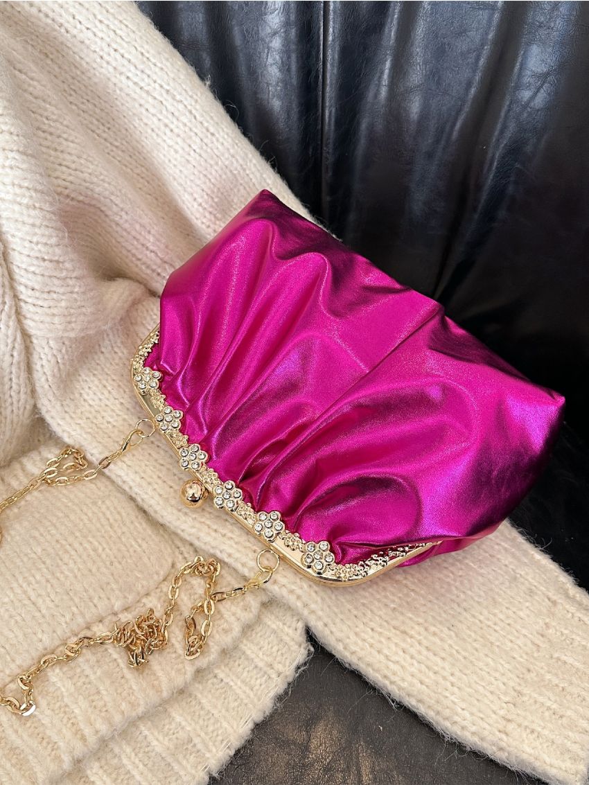 Metallic Rhinestone Decor Ruched Bag