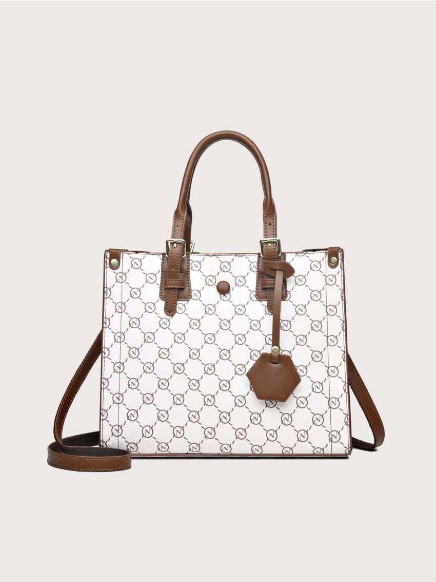 Geometric Pattern Square Bag With Bag Charm